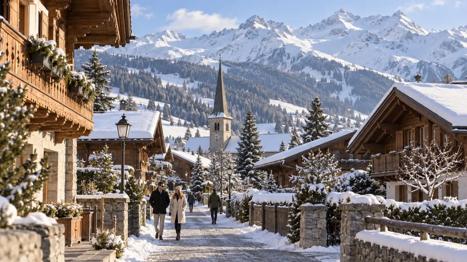 Snow-covered Gstaad chalet village beneath the Swiss Alps