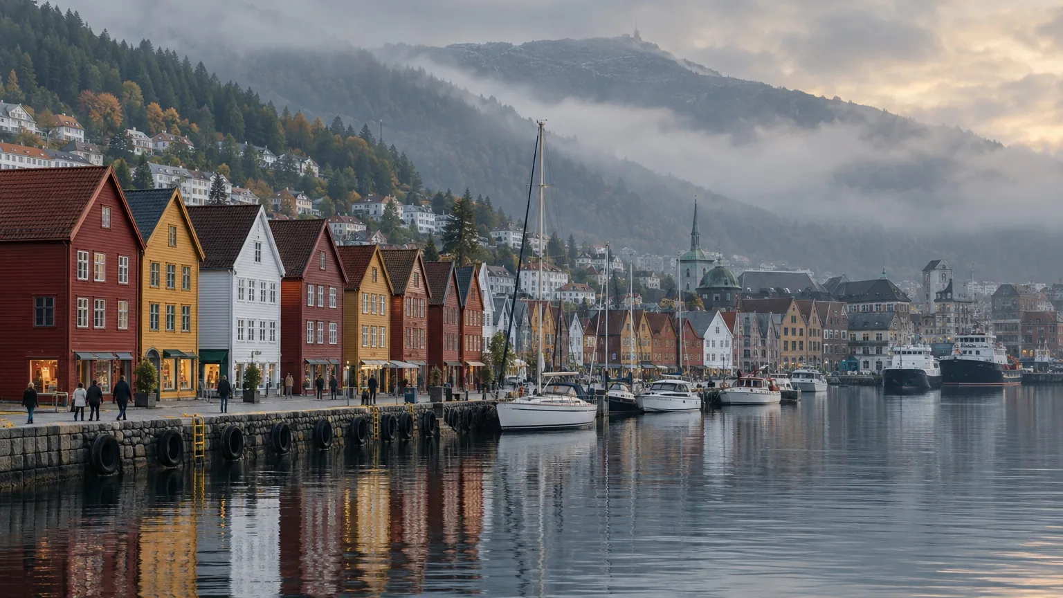 Bergen harbor and colorful Bryggen warehouses beneath wooded mountains