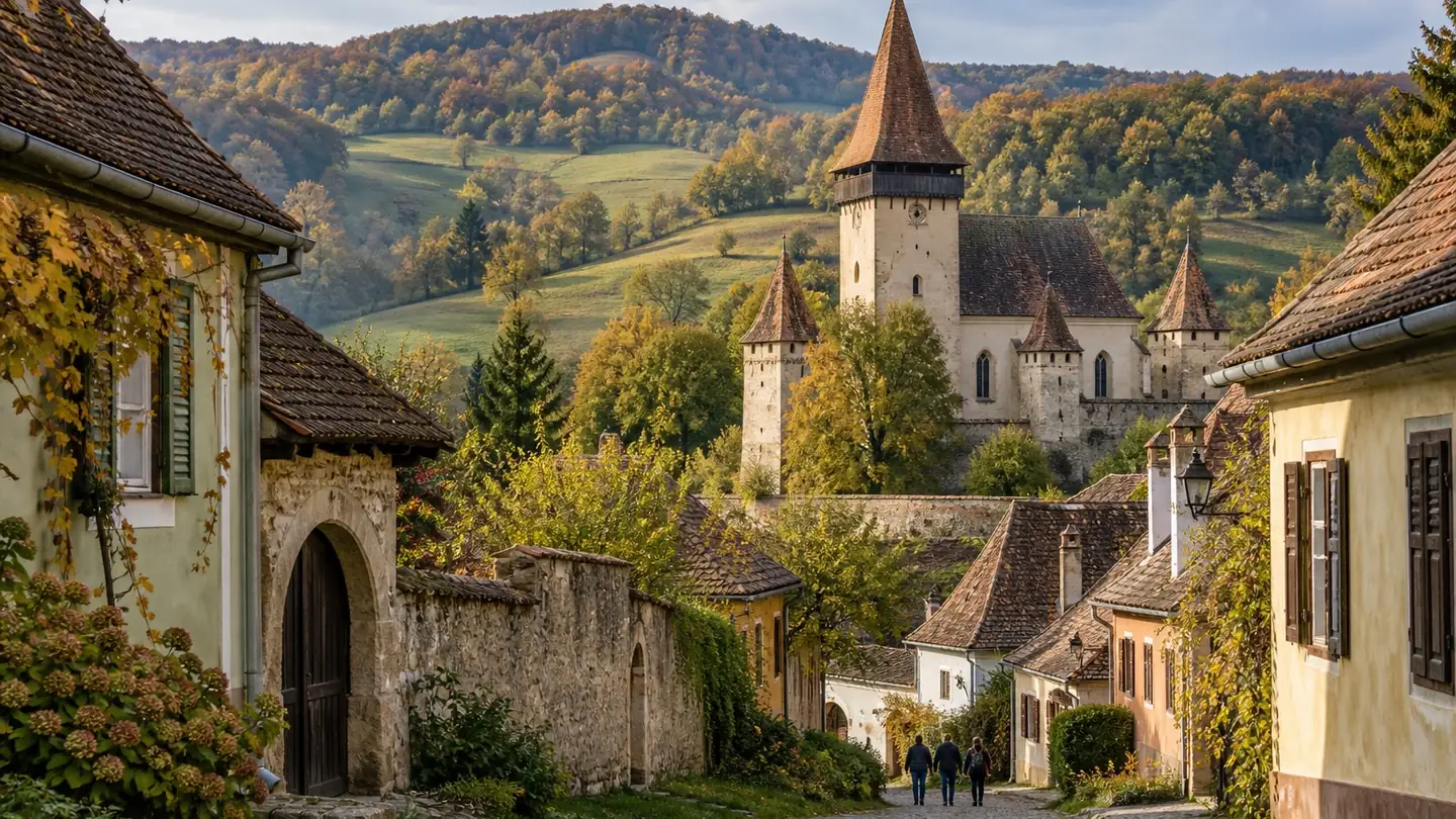 Transylvanian village lane and fortified church among autumn hills