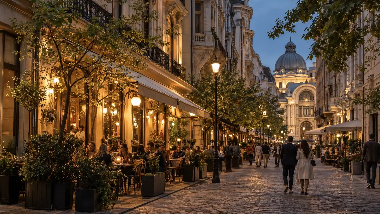Bucharest historic street with cafes and mature trees at evening