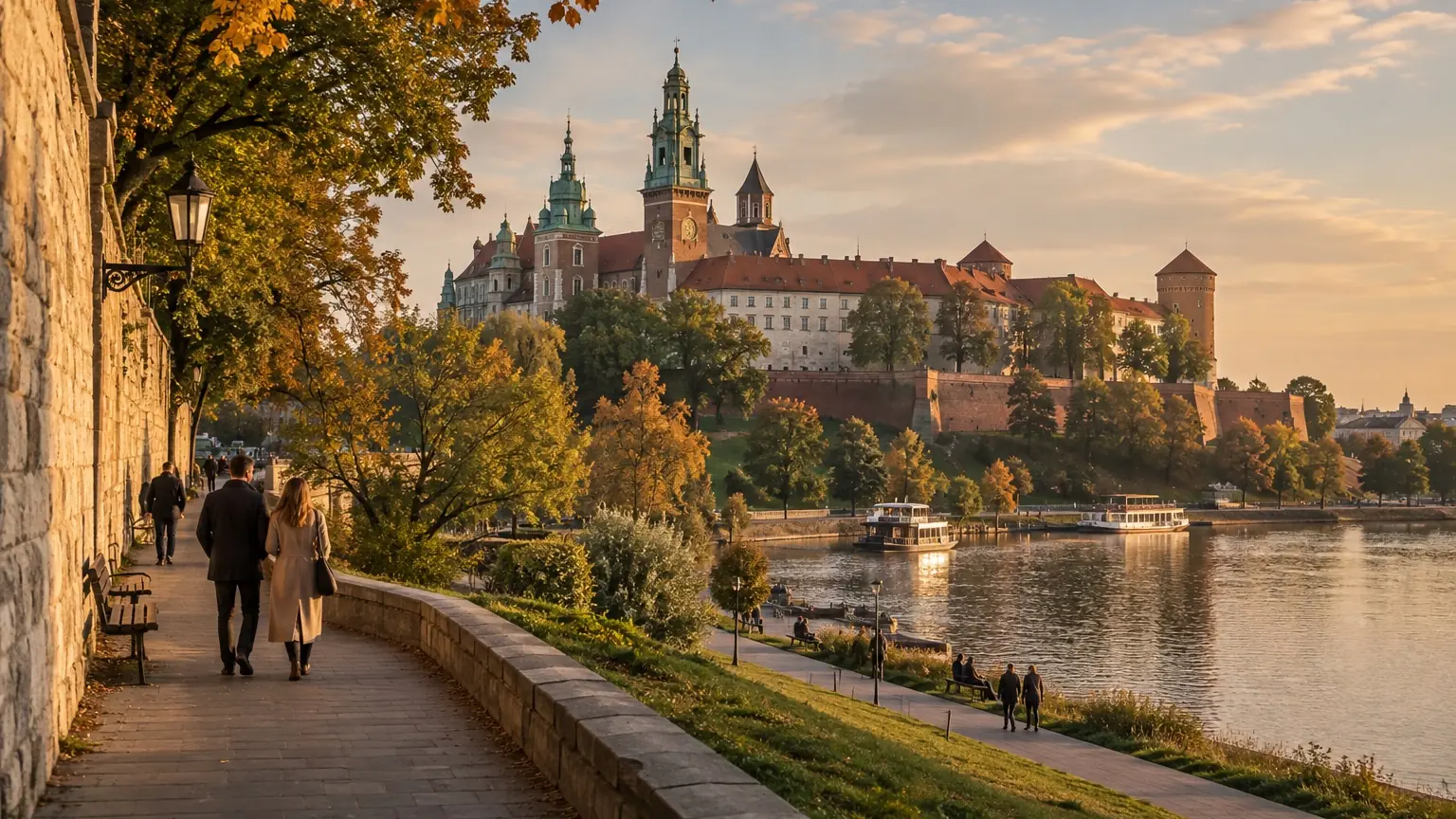 Kraków historic streets and Wawel area in warm autumn light
