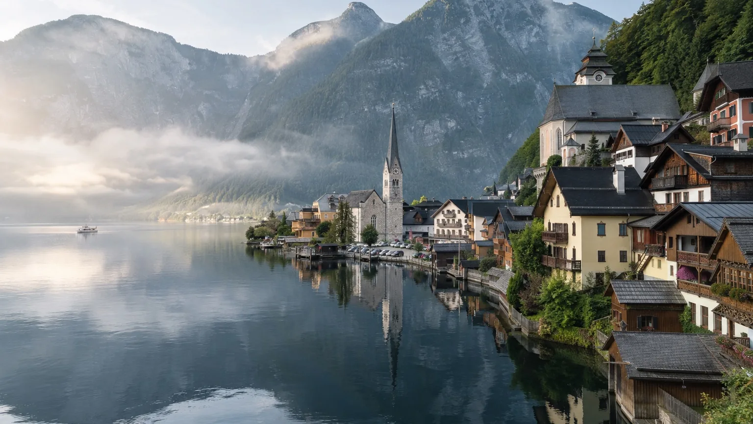 Hallstatt village and church reflected in a calm lake beneath the mountains