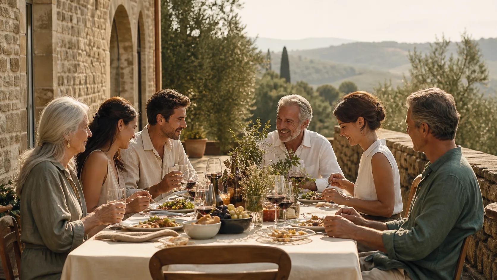 Three generations sharing lunch at one long table on the stone terrace of a Tuscan farmhouse villa, with olive trees and hills behind