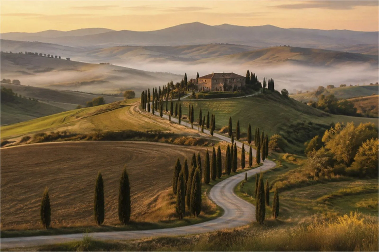 Cypress-lined road across the Tuscan hills in early morning light