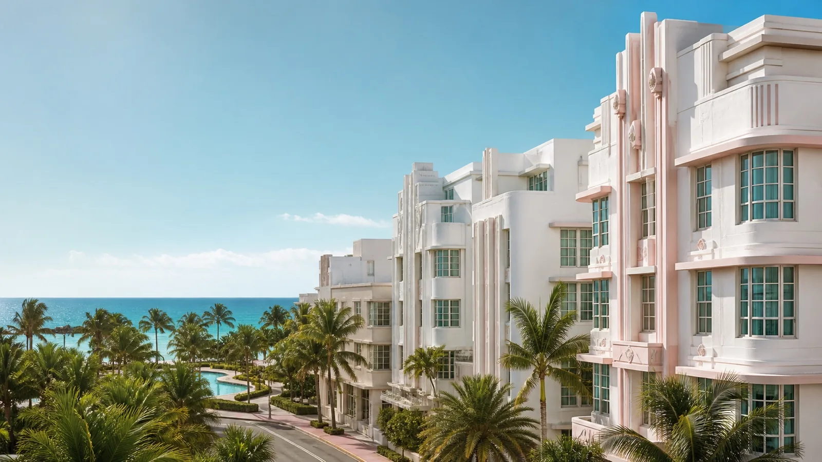 Restored Art Deco façades and palms along Collins Avenue in Miami Beach