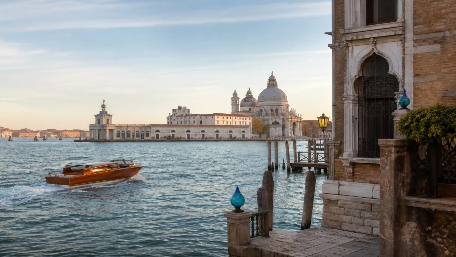 Venice waterfront palaces and lagoon light along Riva degli Schiavoni