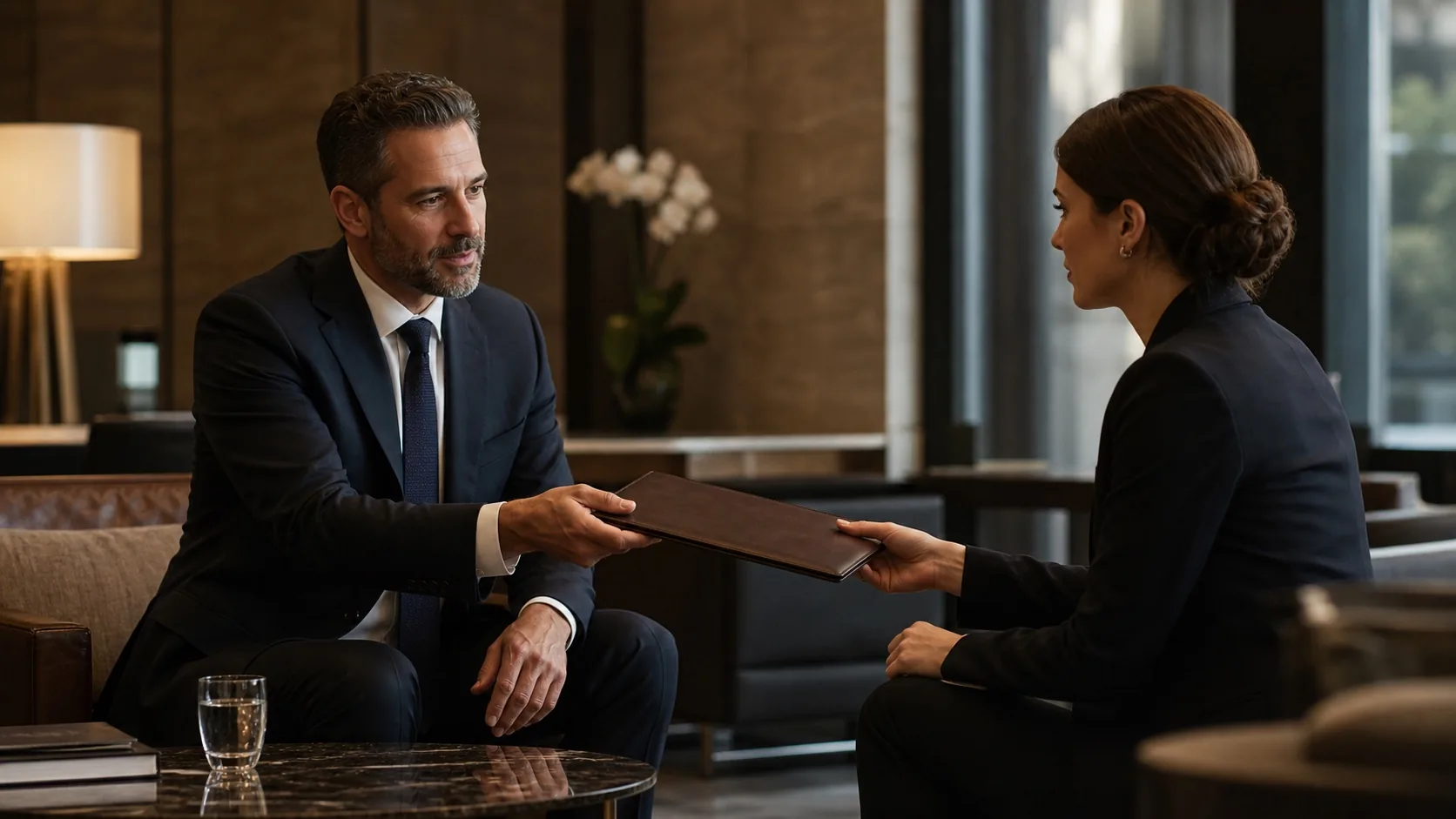 Travel advisor discreetly handing an itinerary folio to an executive assistant in a private lounge