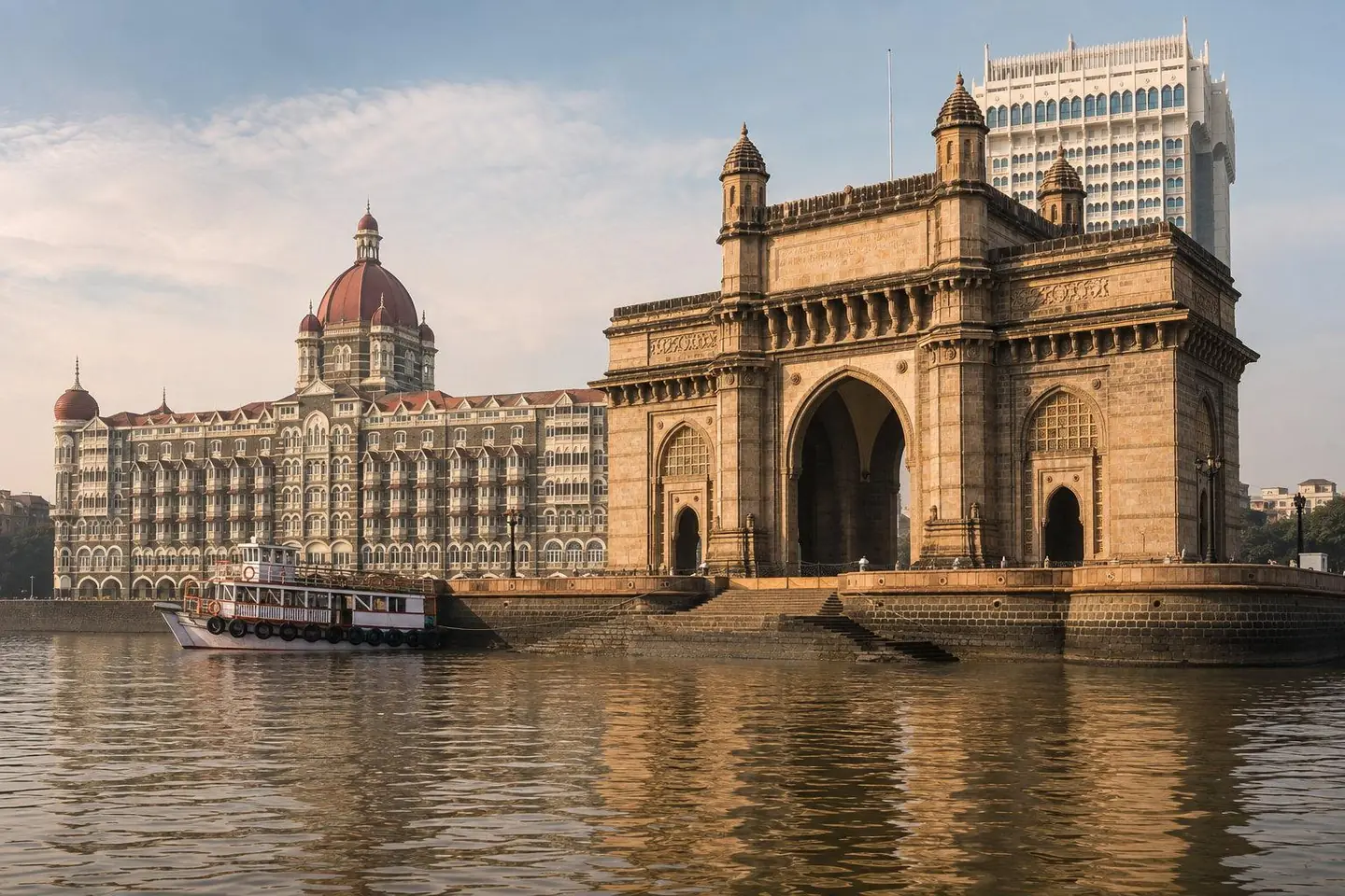Colonial era stone facades along Marine Drive curving beside the Arabian Sea in Mumbai at dusk