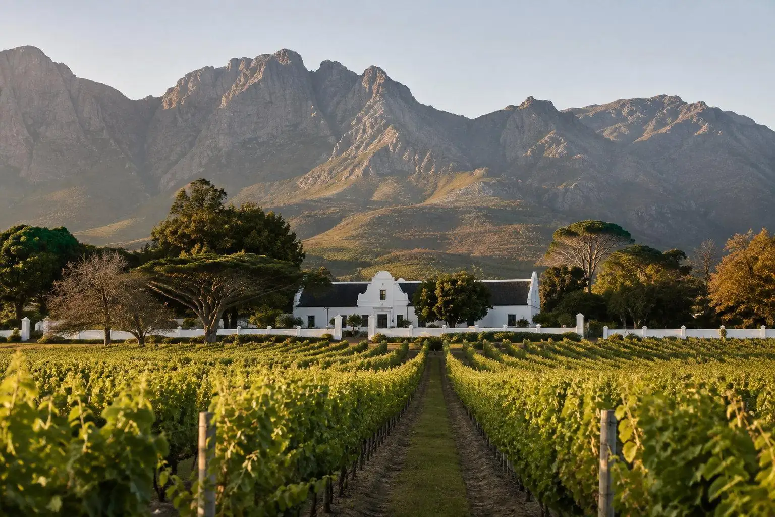 A Cape Dutch homestead among vineyard rows below the mountains of the South African winelands