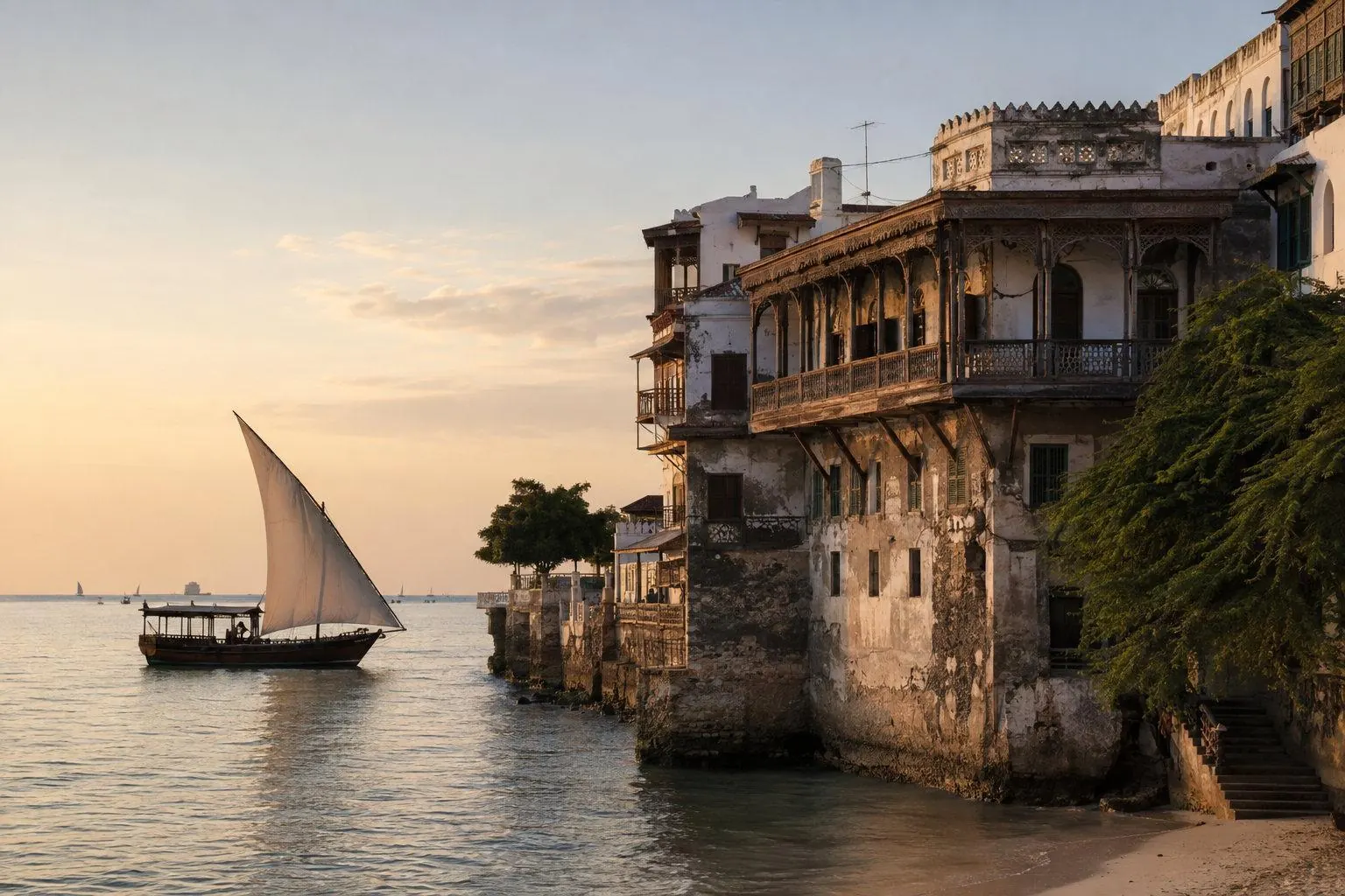 A dhow under sail passing the weathered waterfront buildings of Zanzibar's Stone Town