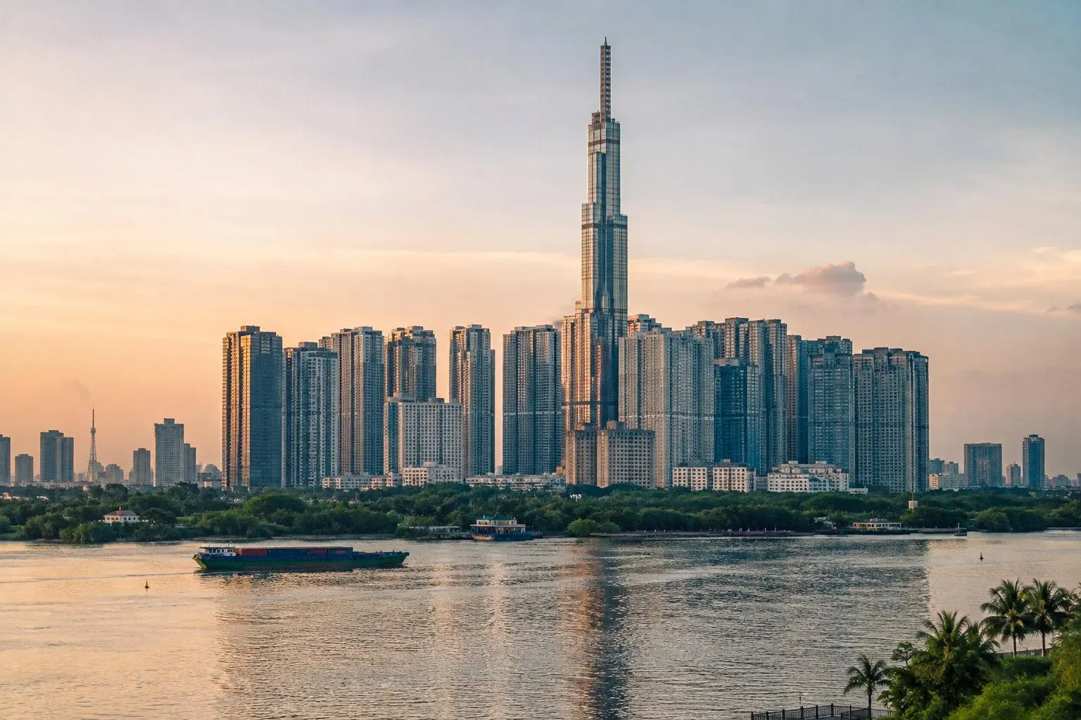 Evening skyline of District 1 in Ho Chi Minh City seen across the Saigon River