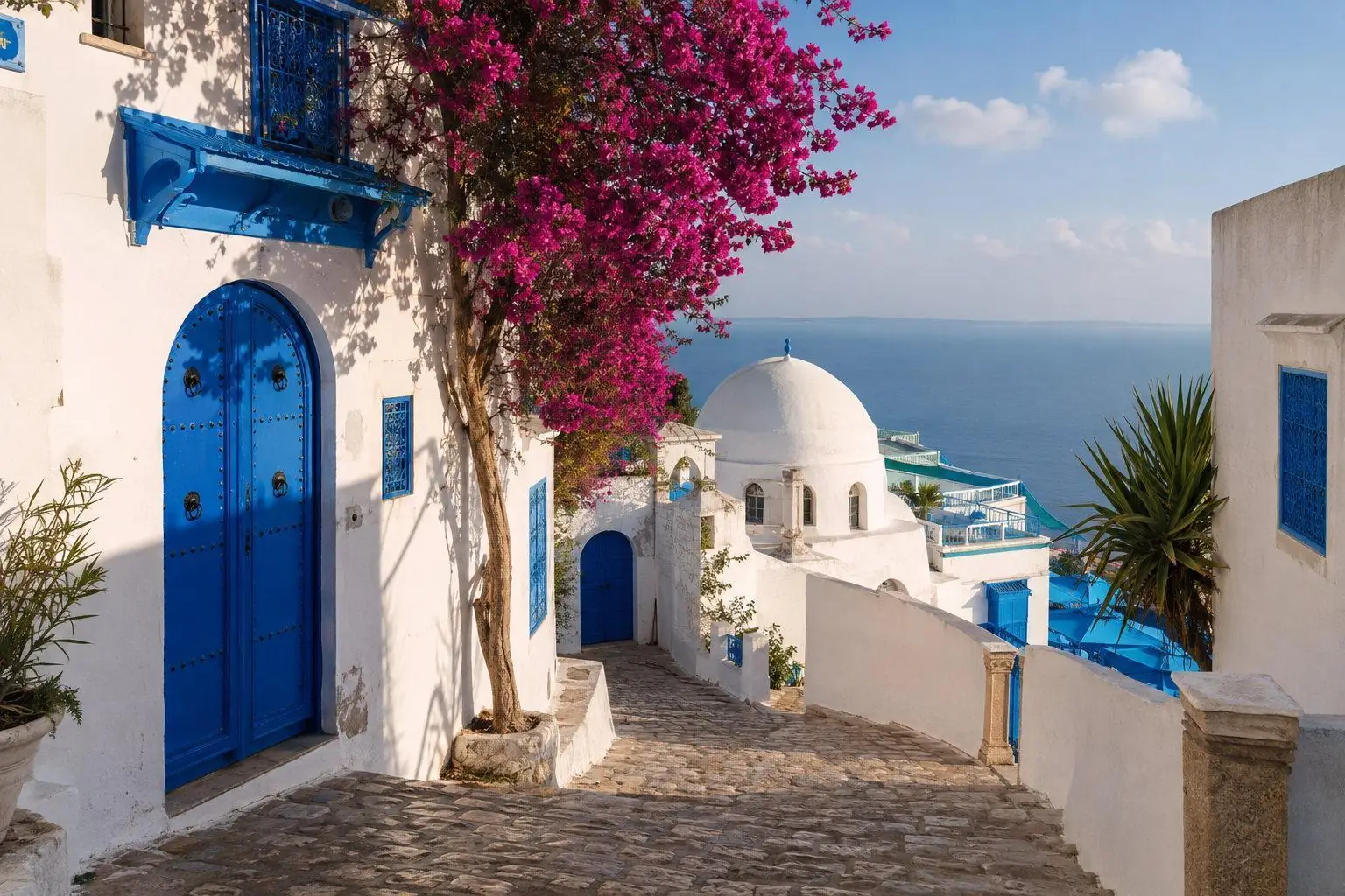 A blue studded door and bougainvillea on a whitewashed lane in Sidi Bou Said above the sea