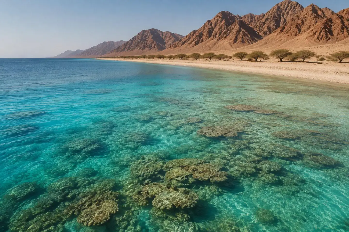 Clear shallow reef water along Egypt's Red Sea coast with desert mountains rising behind