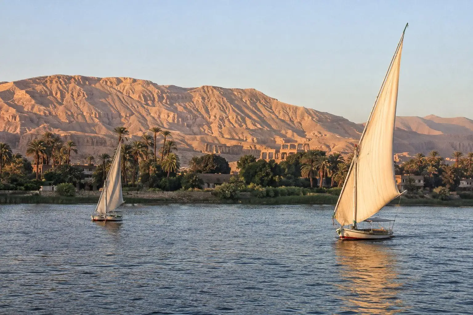 Feluccas under sail on the Nile at Luxor with the desert cliffs of the west bank behind