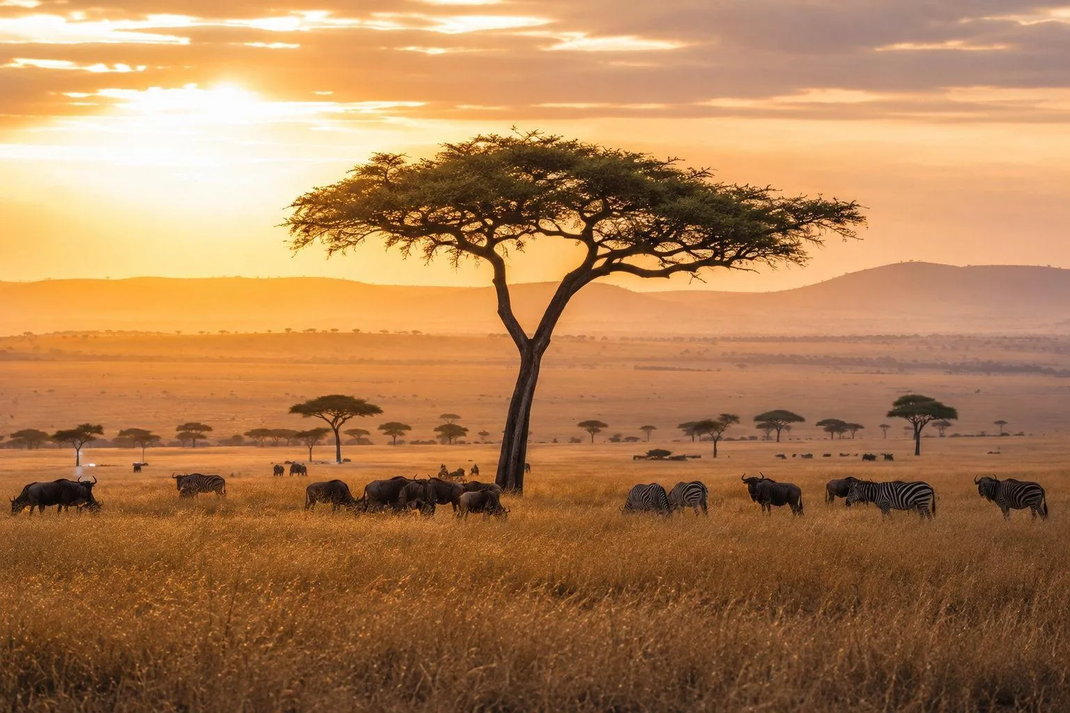 A lone acacia over open grassland at sunrise with wildebeest grazing in the Masai Mara
