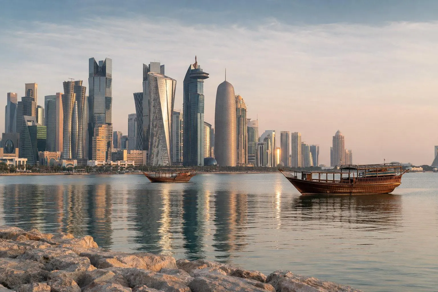 Traditional wooden dhows moored on the bay in front of Doha's West Bay towers