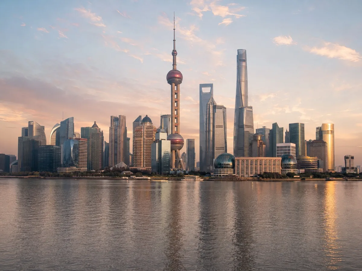 Shanghai Pudong skyline across the Huangpu River at sunset