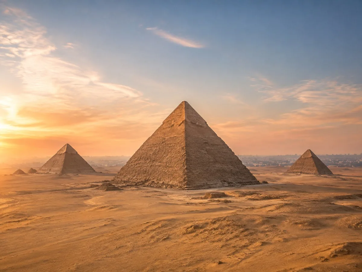 The Giza pyramids outside Cairo in warm sunset light