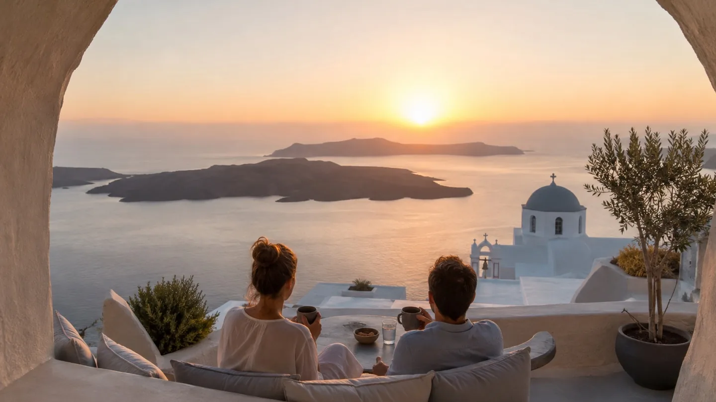 A couple watching the sun set over the Santorini caldera from a private terrace