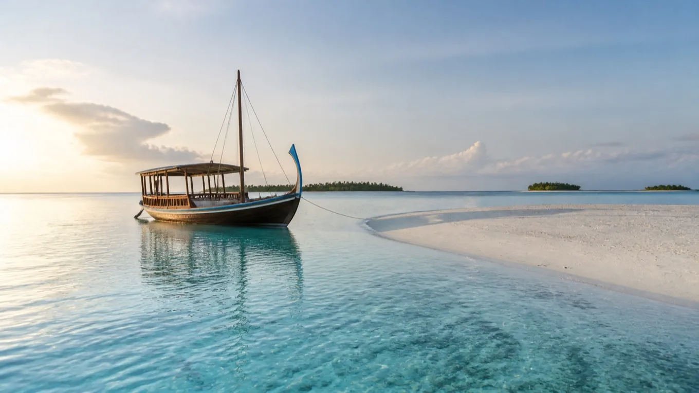 A traditional dhoni moored beside a private sandbank in the Maldives