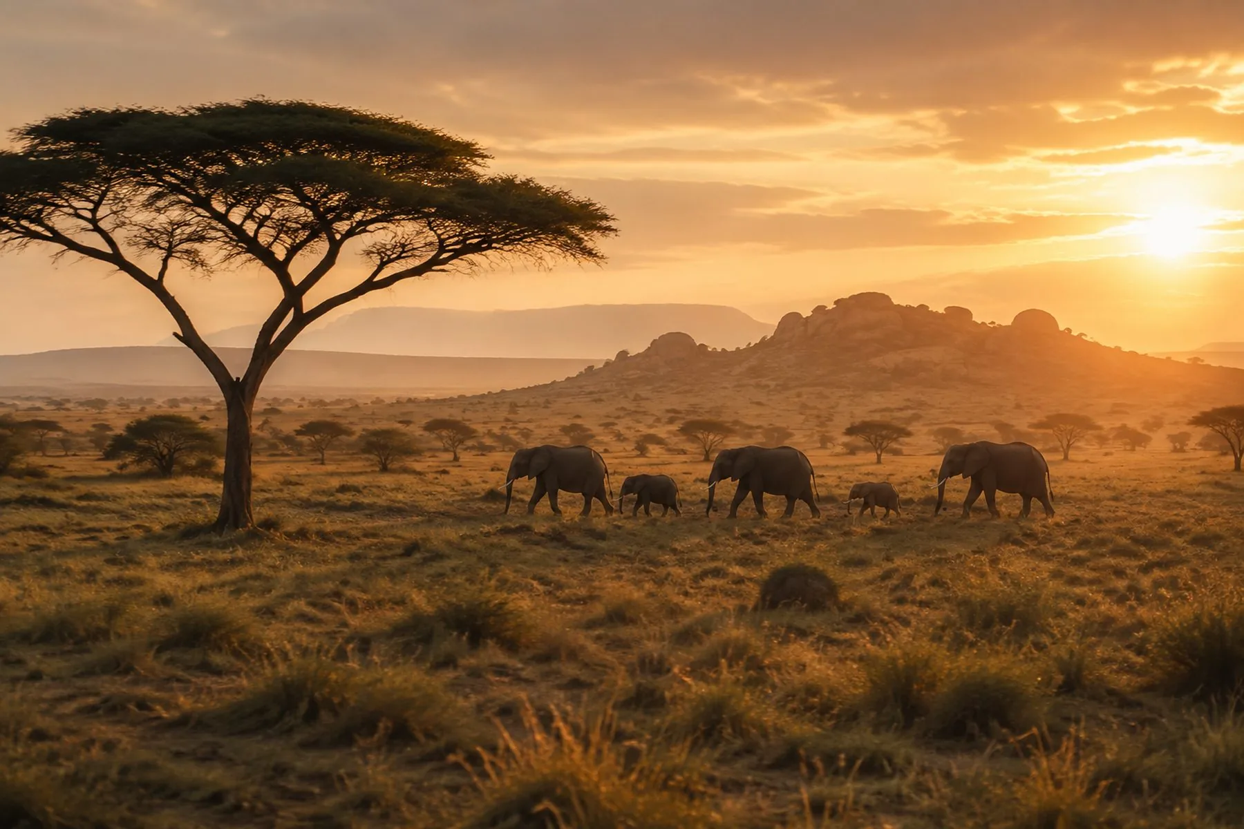 Elephants crossing the Serengeti beneath an acacia at golden hour