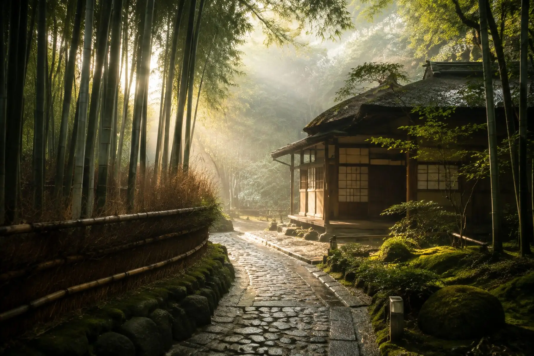 A Kyoto teahouse beside a bamboo grove at first light