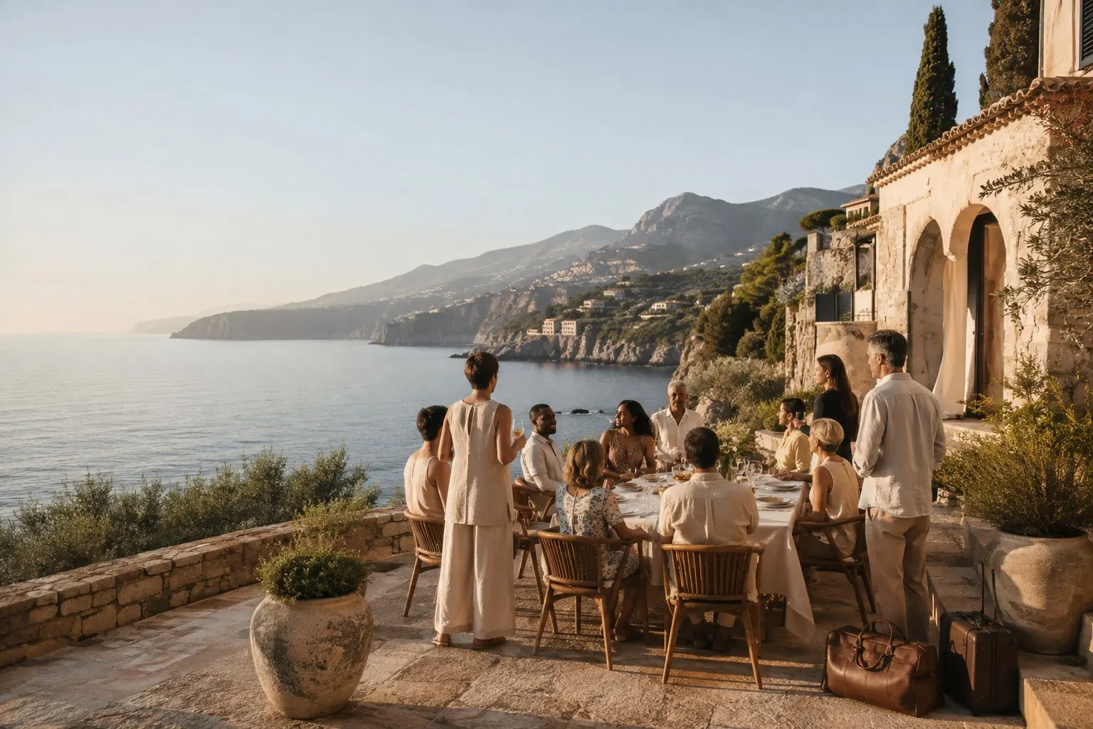 Long table lunch on a coastal villa terrace