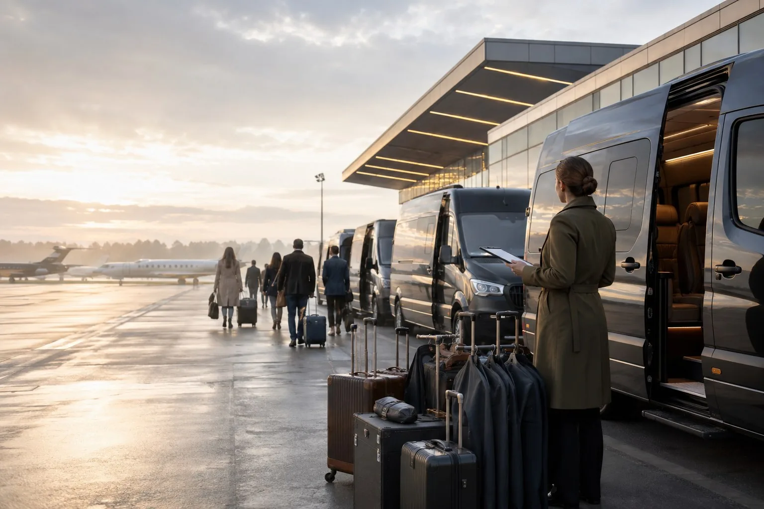 Group arrival with vans staged beside a private jet ramp