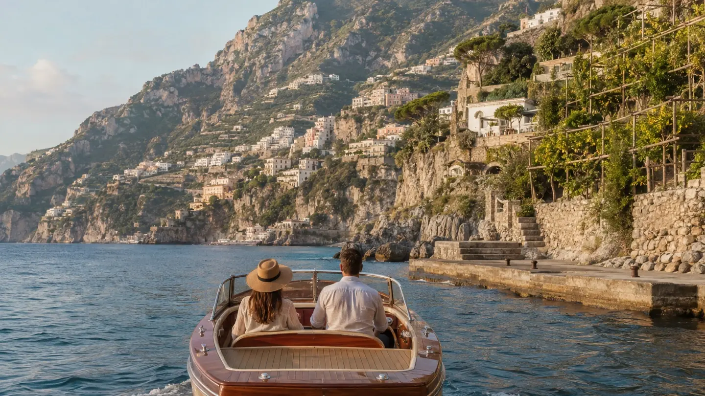 A wedding celebration setting on the Amalfi Coast at golden hour