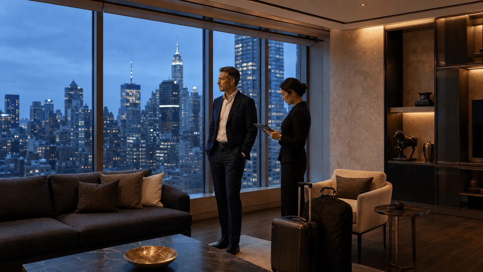 Executive and assistant in a Manhattan office at dusk