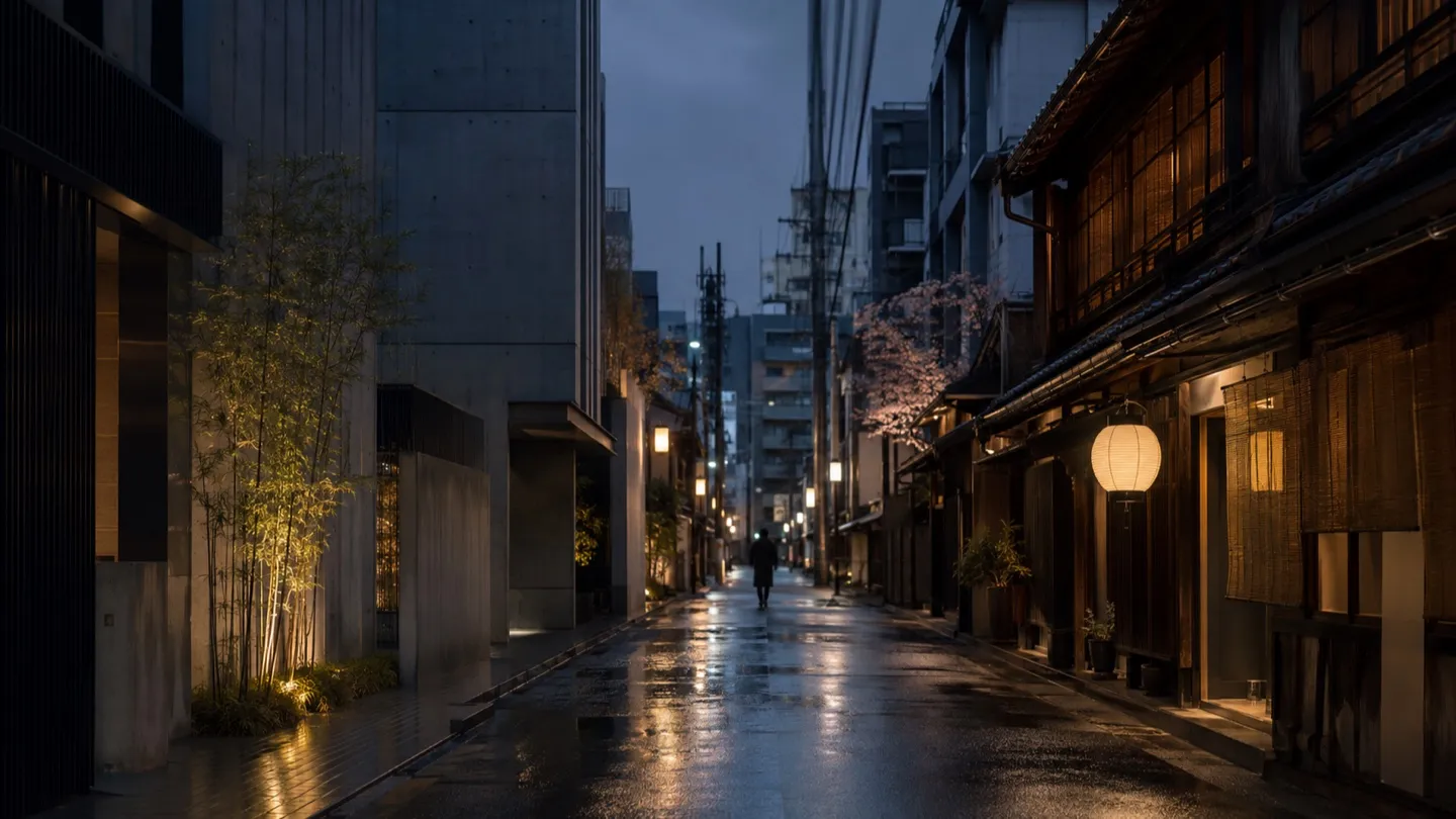 Quiet lantern-lit Tokyo street at dusk