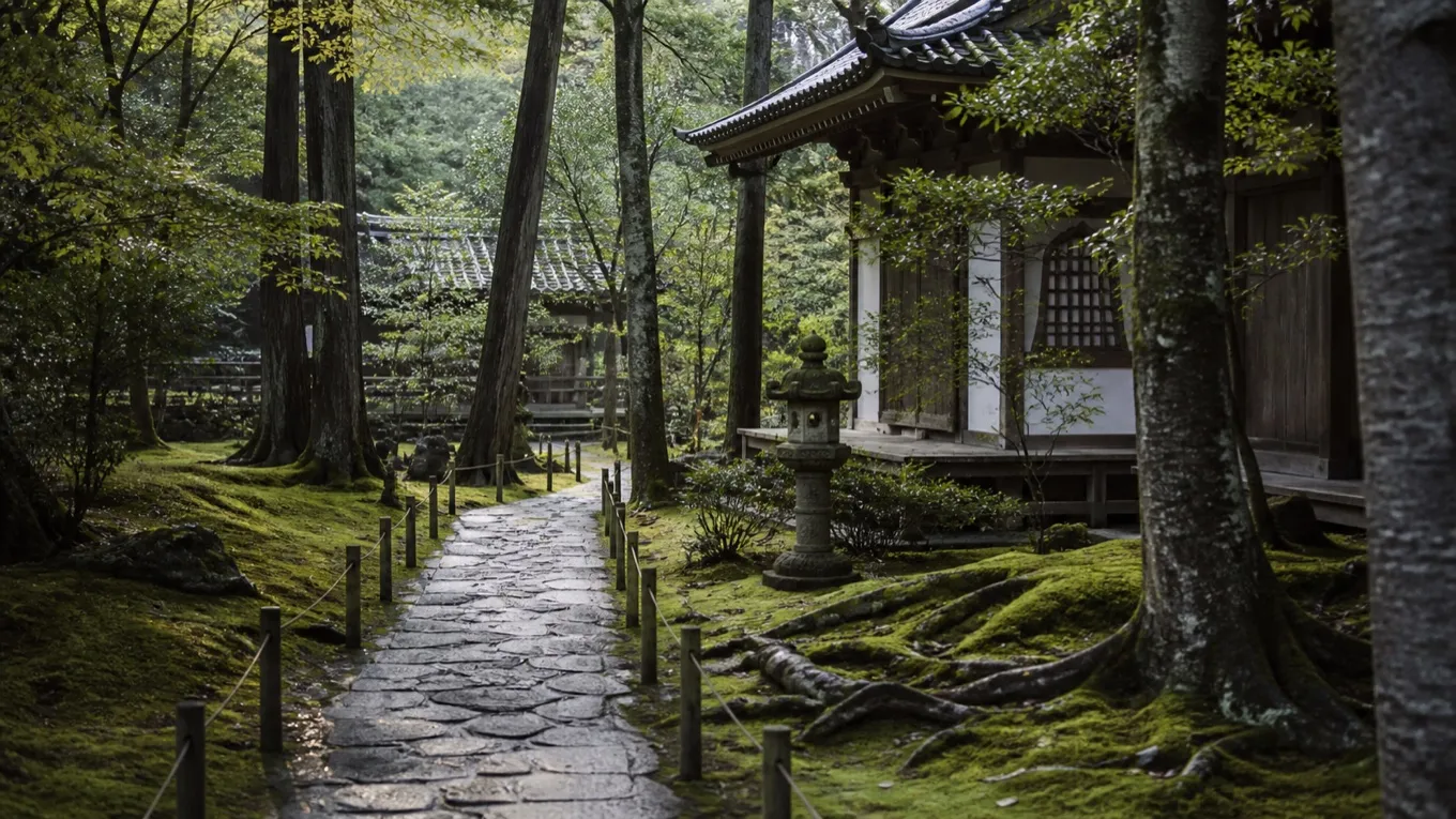 Moss garden path beside a quiet Kyoto temple