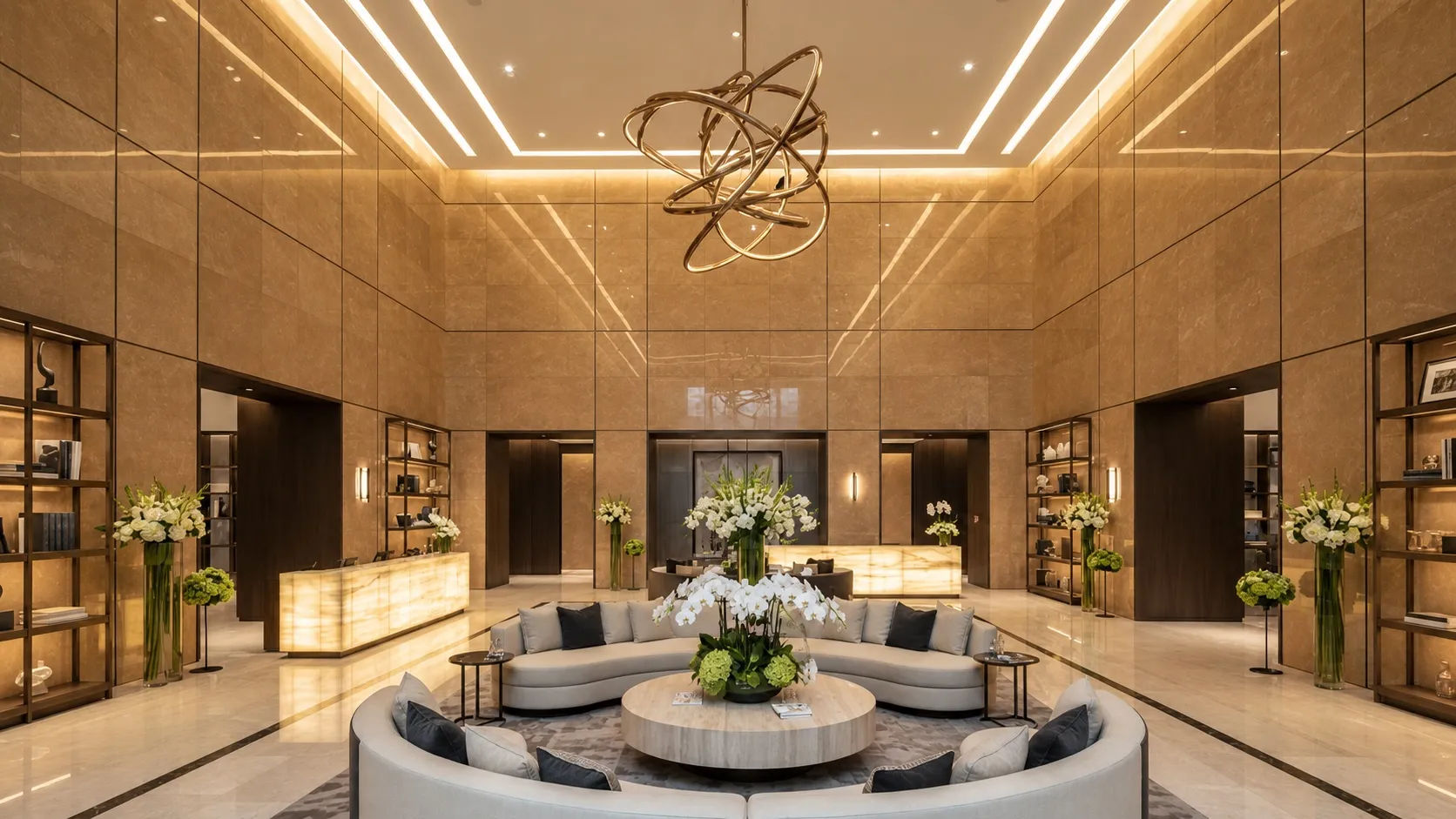 Marble hotel lobby with soft evening light