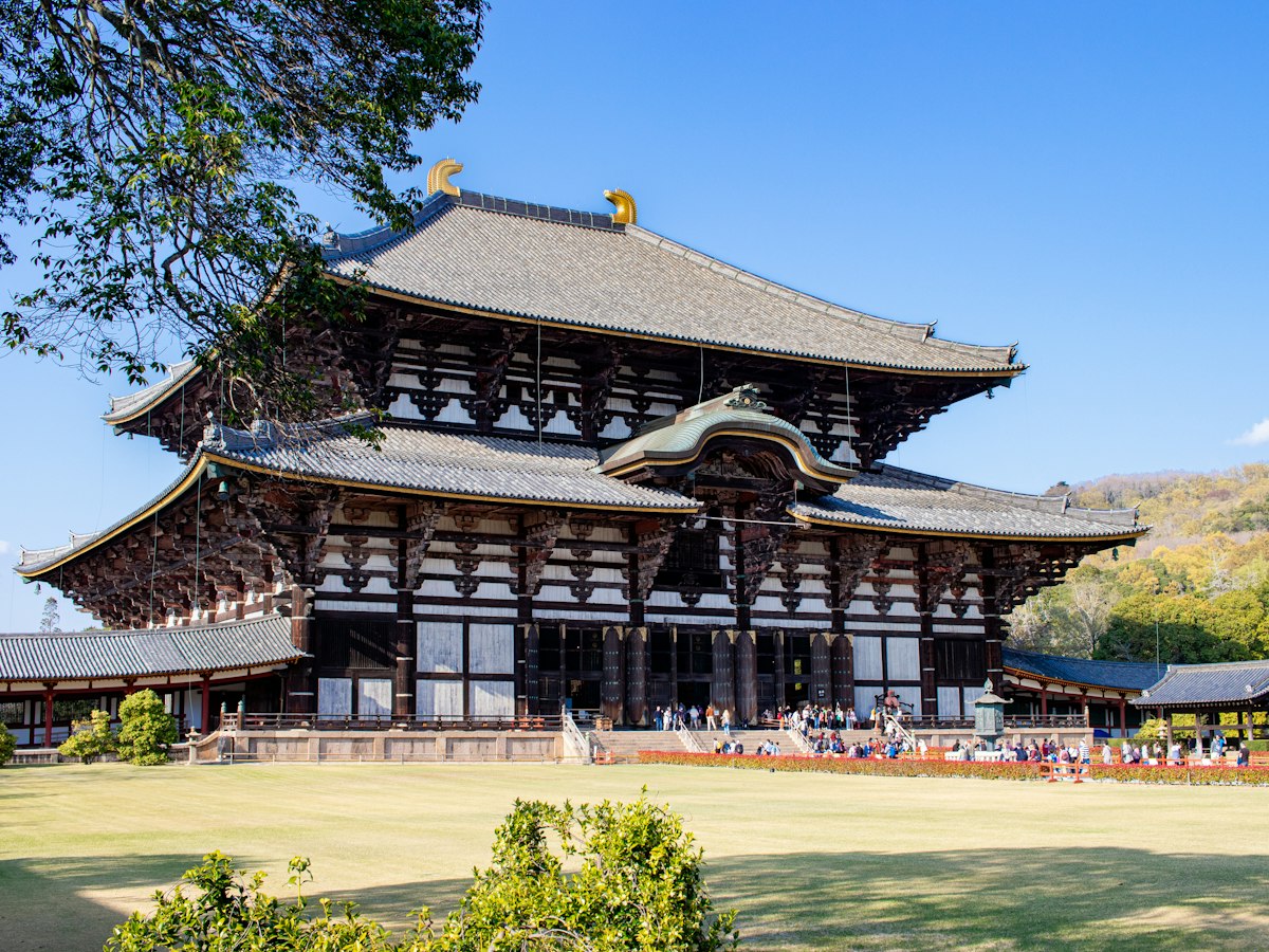 The Great Buddha Hall of Todaiji in Nara under a clear blue sky