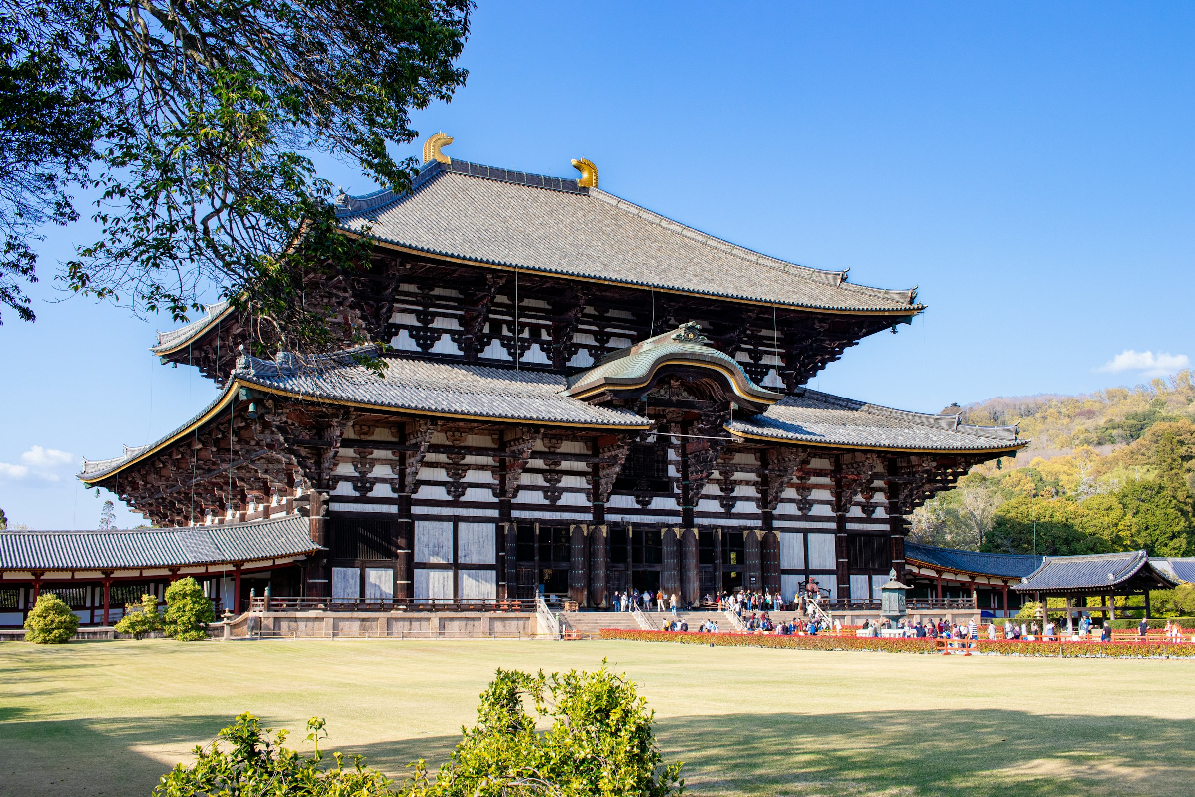 The Great Buddha Hall of Todaiji in Nara under a clear blue sky