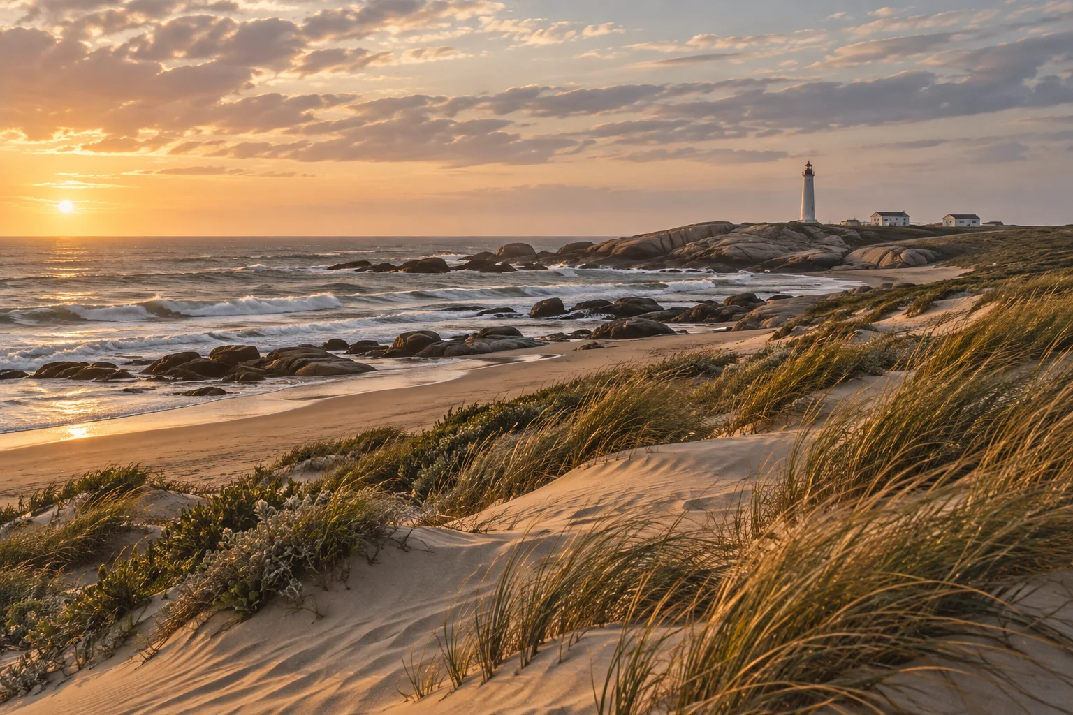 Windswept Atlantic dunes and a lighthouse near Cabo Polonio in Uruguay