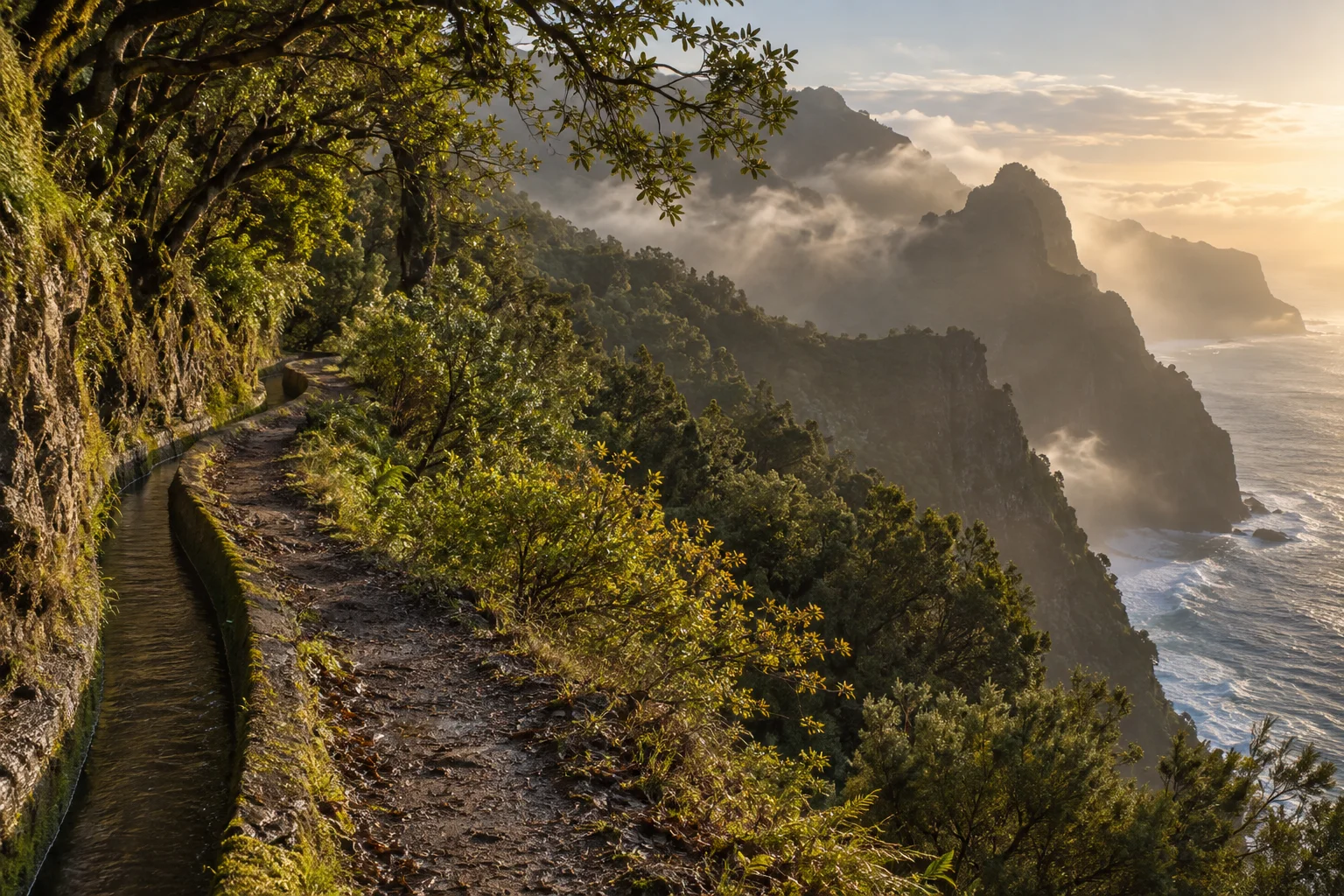 Levada path through misty laurel forest above Madeira's Atlantic coast