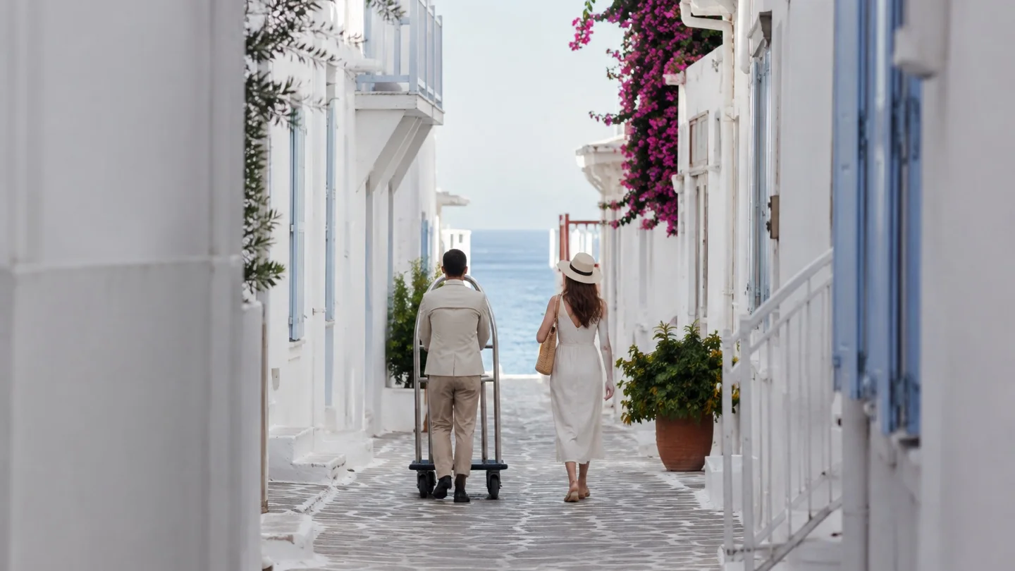 Traveler walking through a quiet whitewashed lane in Mykonos