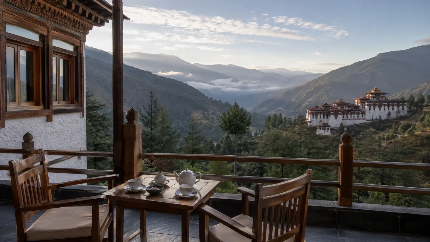 Tea terrace overlooking a Bhutanese valley and distant dzong