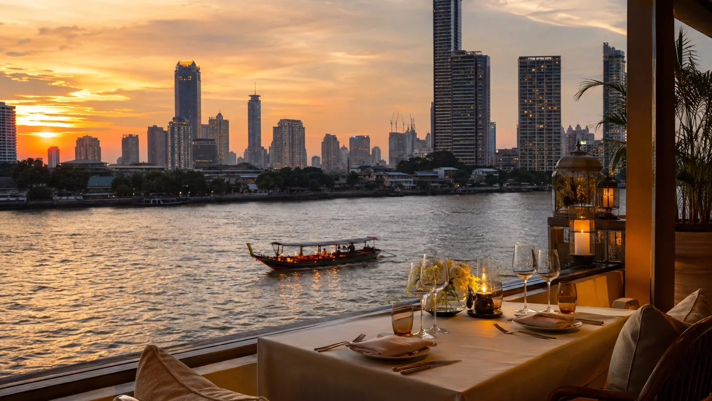 Riverside dinner terrace overlooking Bangkok and the Chao Phraya at sunset