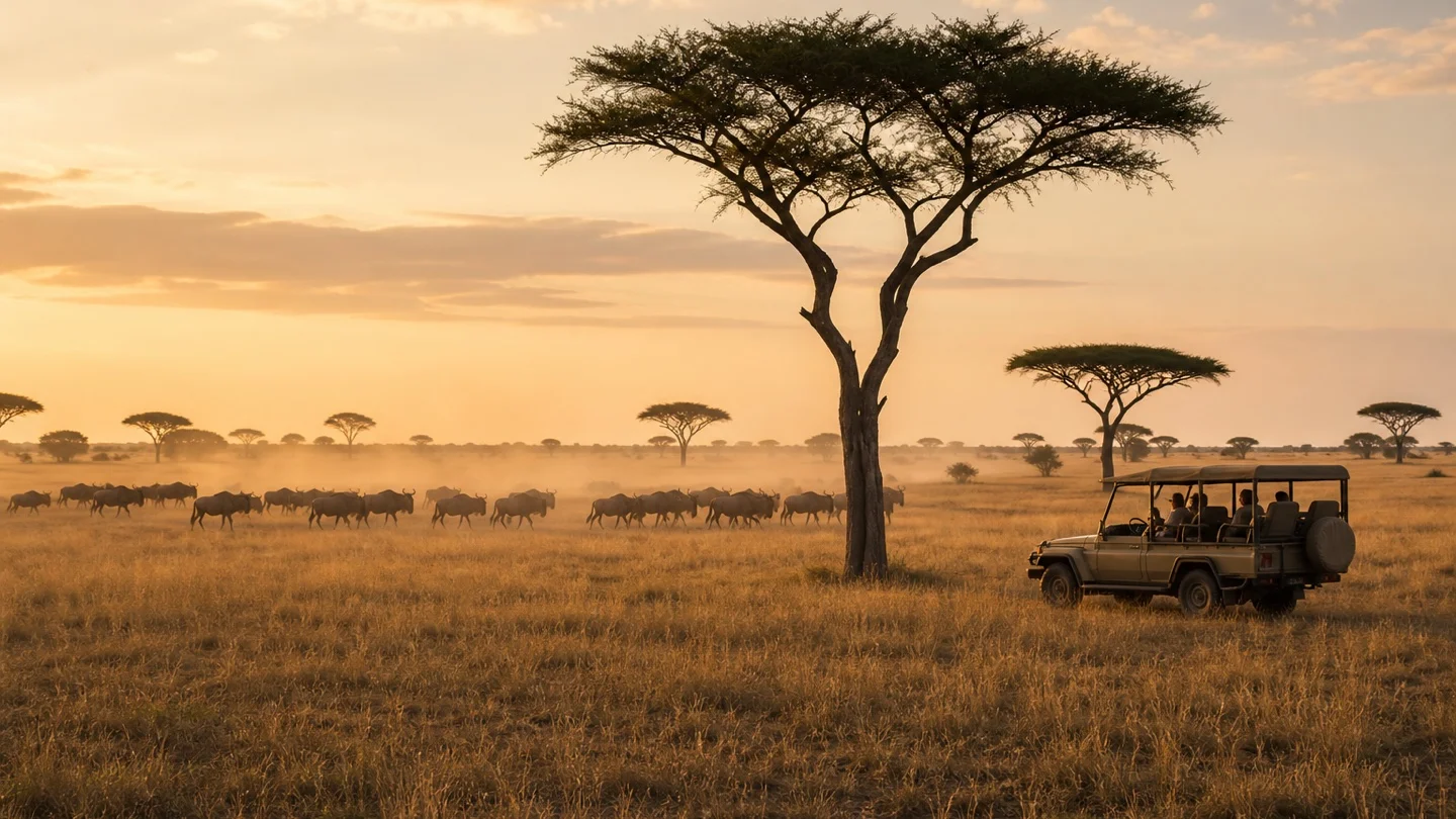 Wildebeest herd moving across the Serengeti near a safari vehicle at sunrise