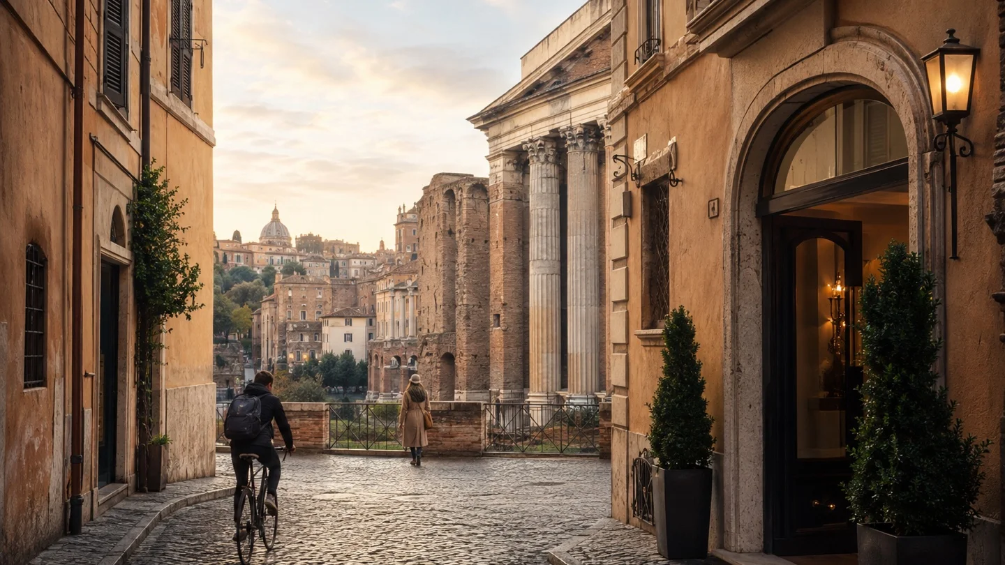 Quiet cobbled lane and elegant hotel doorway in Rome at first light