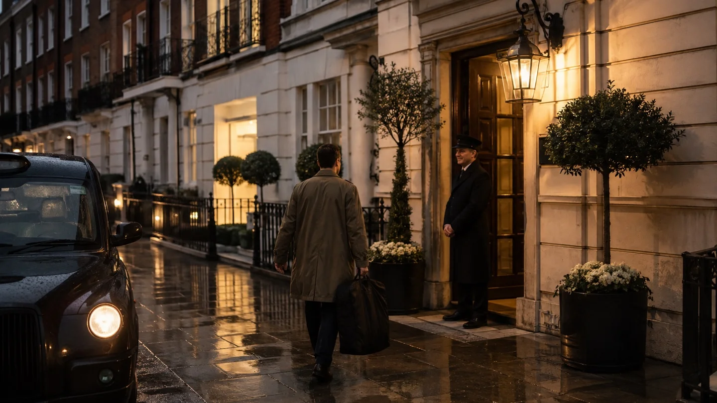 Traveler arriving at an elegant Mayfair townhouse hotel on a rainy evening