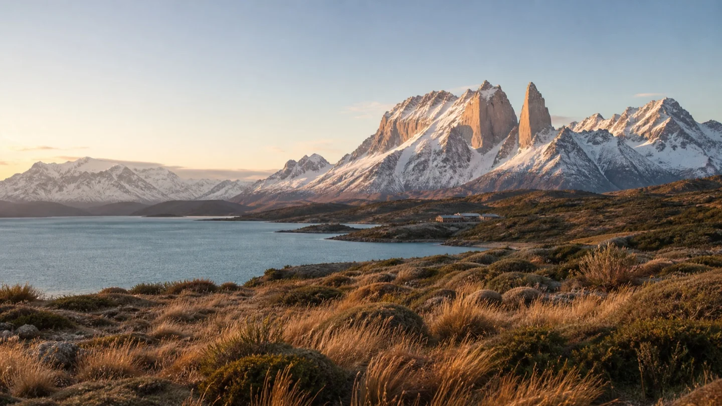 Torres del Paine granite peaks above a glacial lake and windswept Patagonian steppe at sunrise