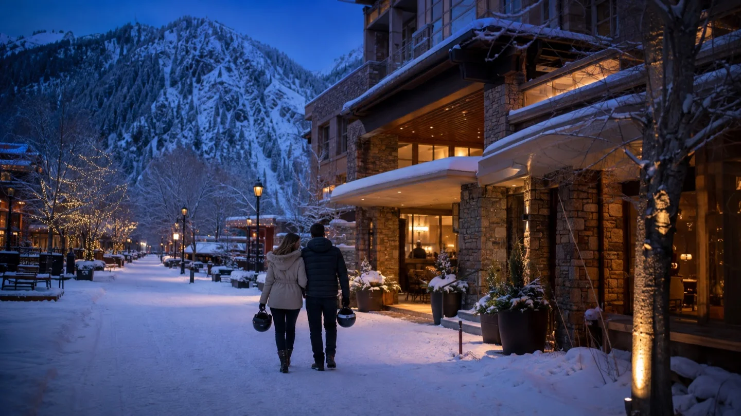 Travelers arriving at a discreet Aspen hotel after fresh snowfall