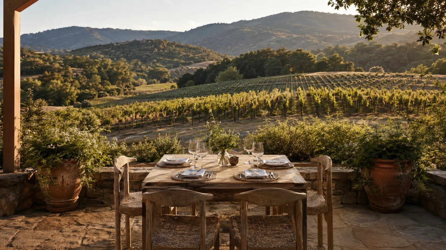 Elegant vineyard terrace overlooking Napa Valley rows in late afternoon