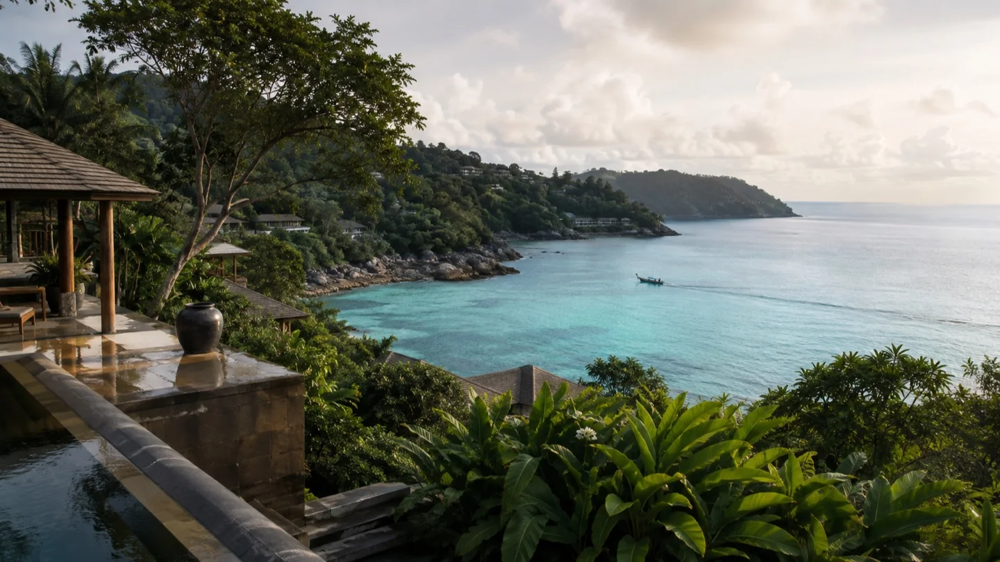 Tropical resort terrace above a quiet turquoise bay on Phuket's Andaman coast