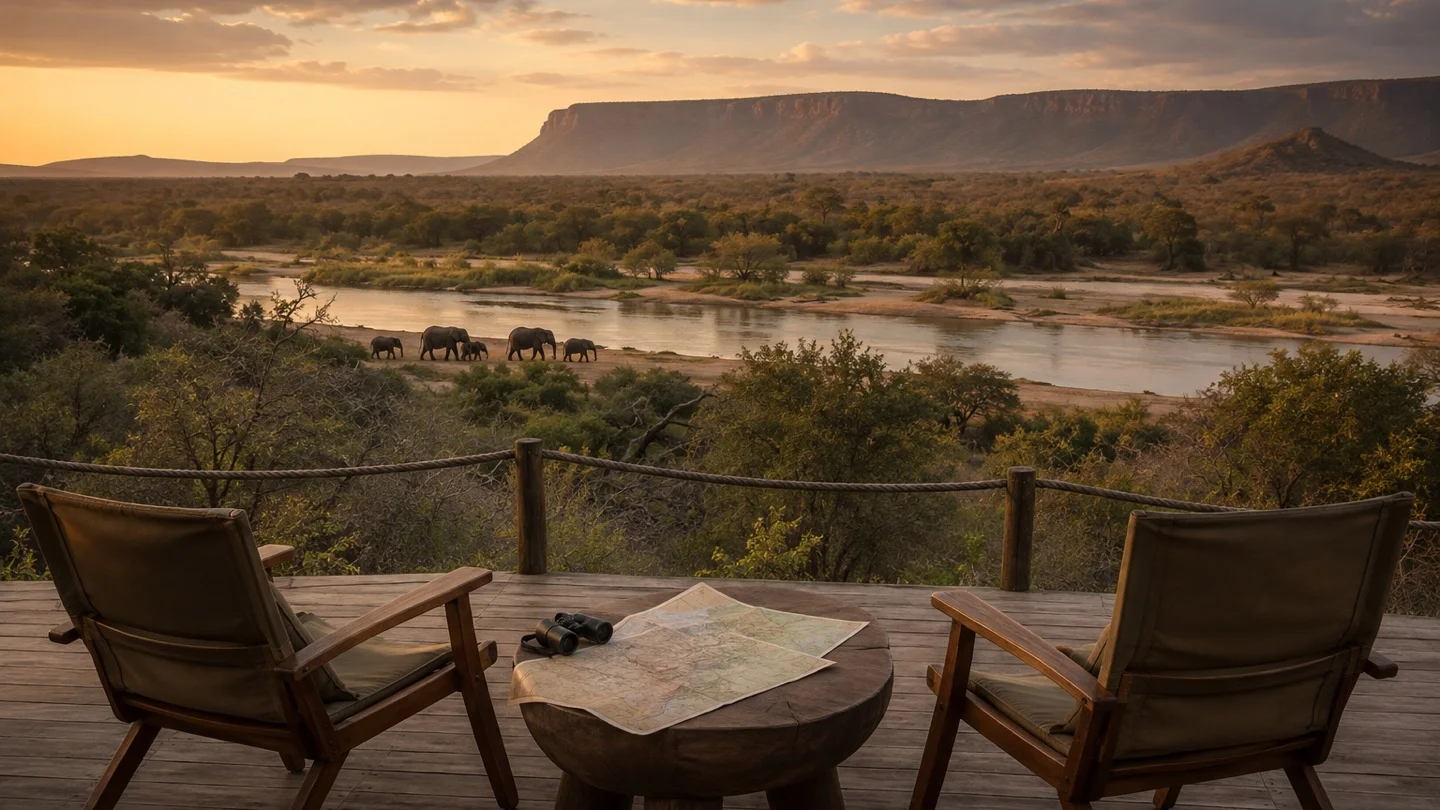 Elephants beside a river viewed from a safari lodge deck in Southern Africa