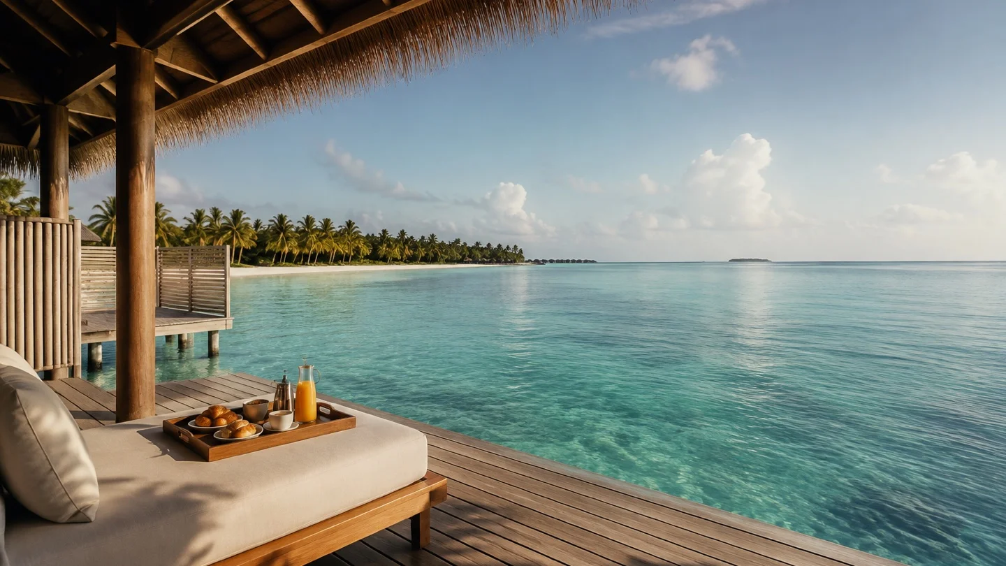 Breakfast tray on an overwater villa terrace above a turquoise Maldives lagoon