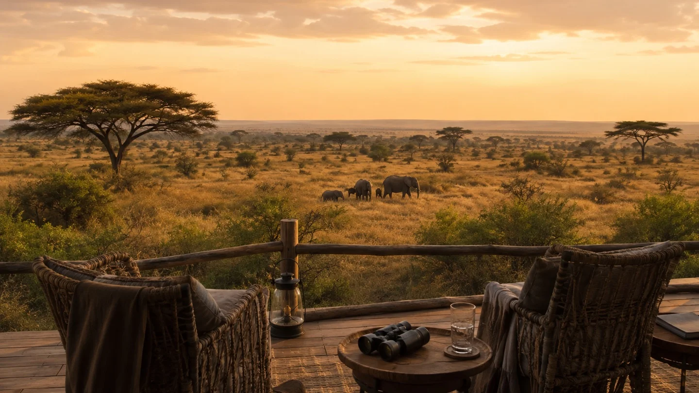 Elephant family crossing the savanna beyond a private East Africa safari camp